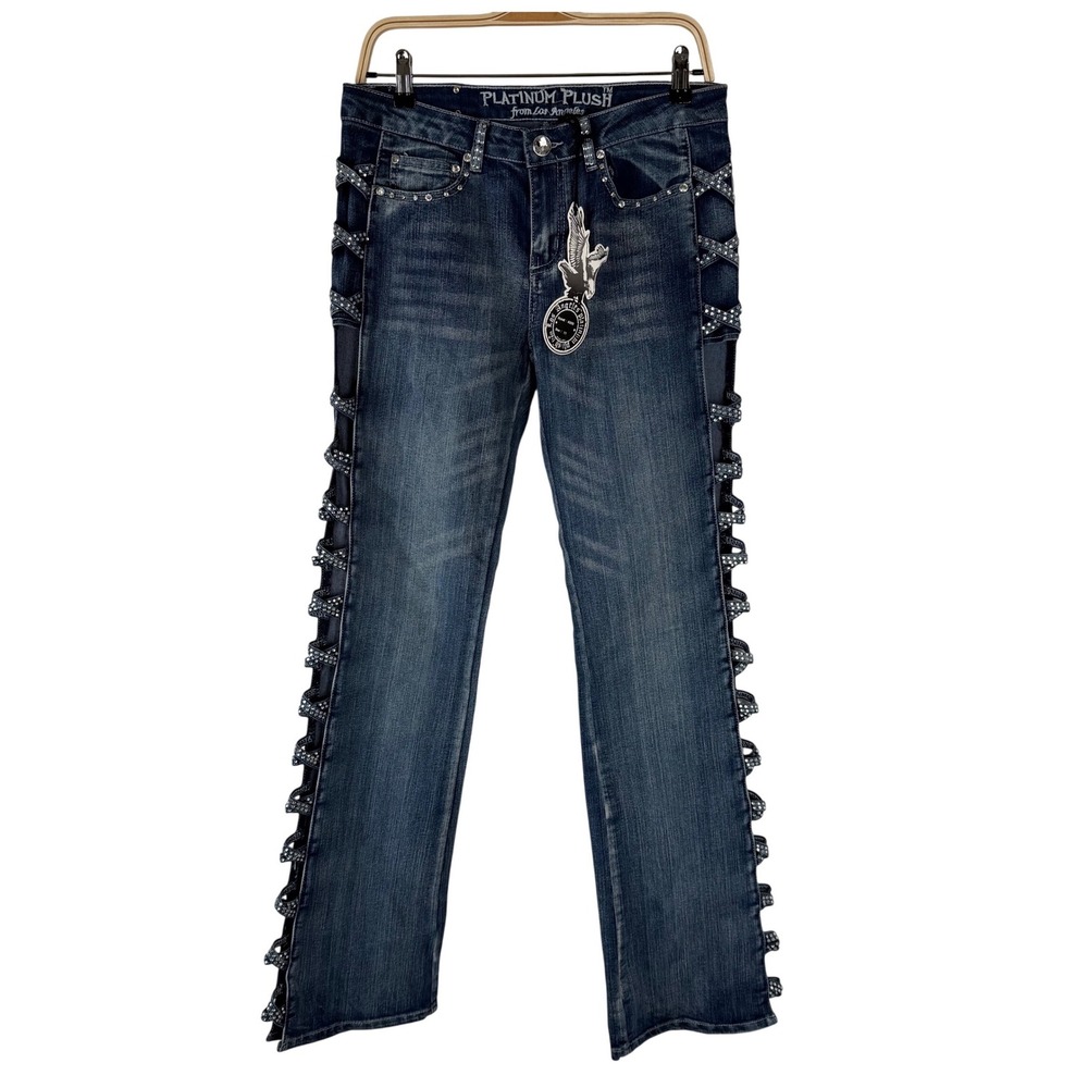 Y2K Platinum Plush Rhinestone Side Cutout Jeans Dark Wash Y2K McBling Size 11